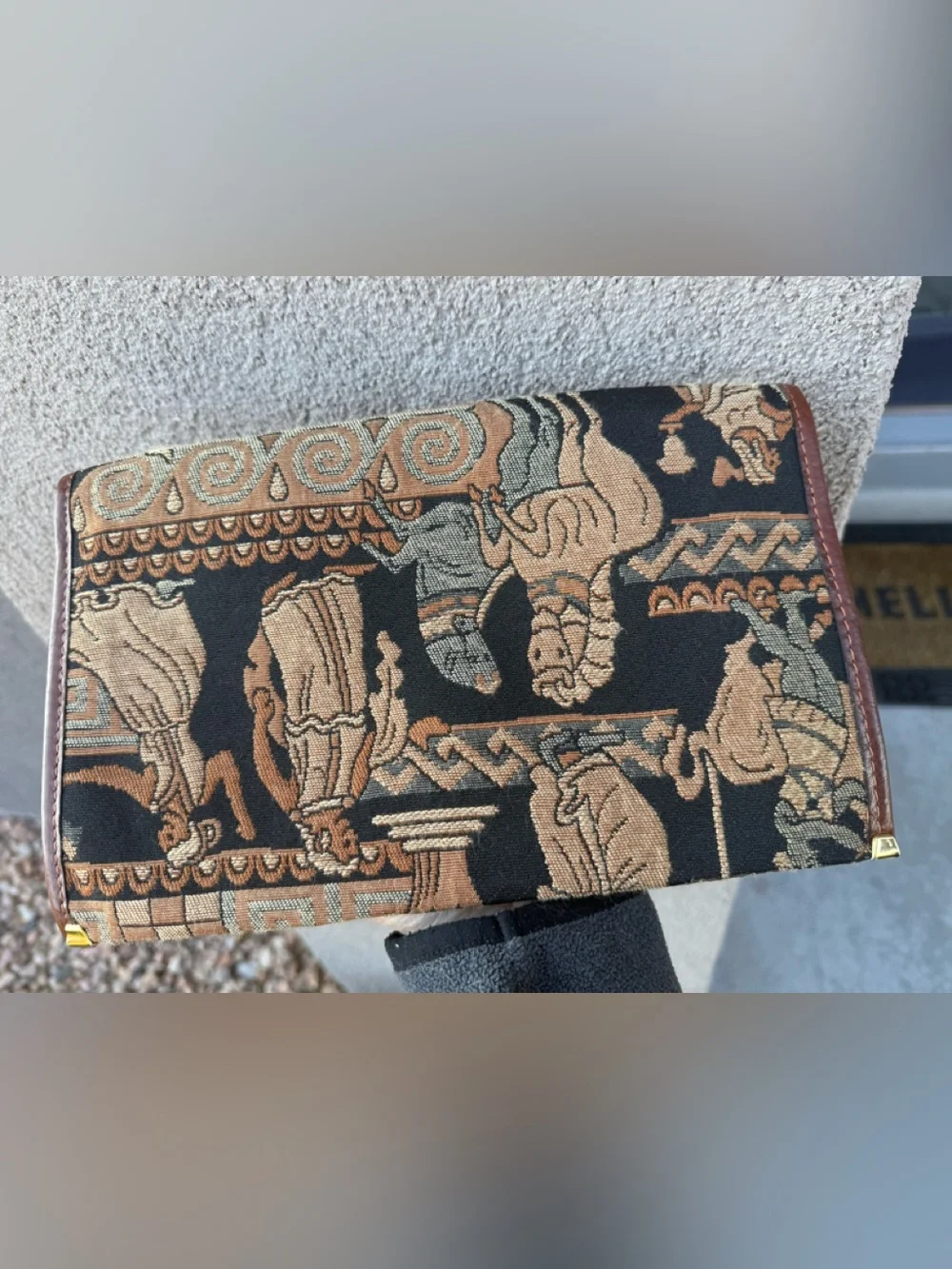 Vintage Italian Tapestry & Leather Clutch – Mythic Woven Design, Made in Italy